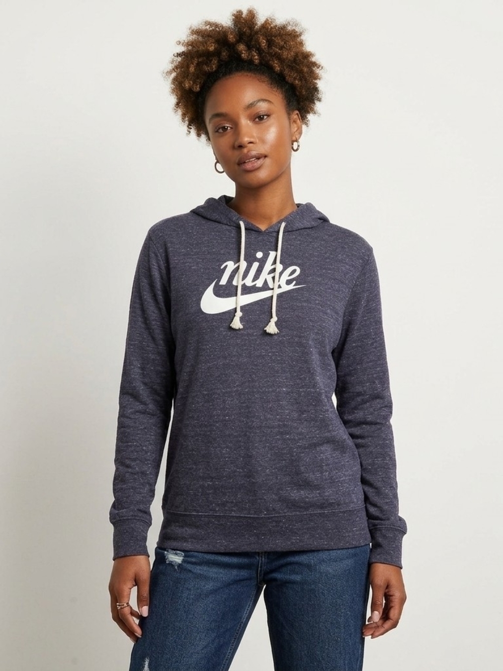 Nike Women's Heather Navy Pullover Hoodie with White Logo